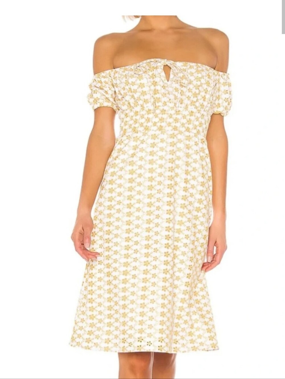 LPA Mattia Yellow Eyelet Drop Shoulder Dress Puff Sleeves Sundress